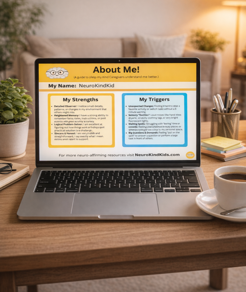 A silver laptop sitting on a wooden desk next to a cup of coffee. The screen displays a 'NeuroKindKid' About Me profile page with two columns: 'My Strengths,' including traits like Detailed Observer and Logical Problem-Solver, and 'My Triggers,' including unexpected changes and sensory sensitivities.