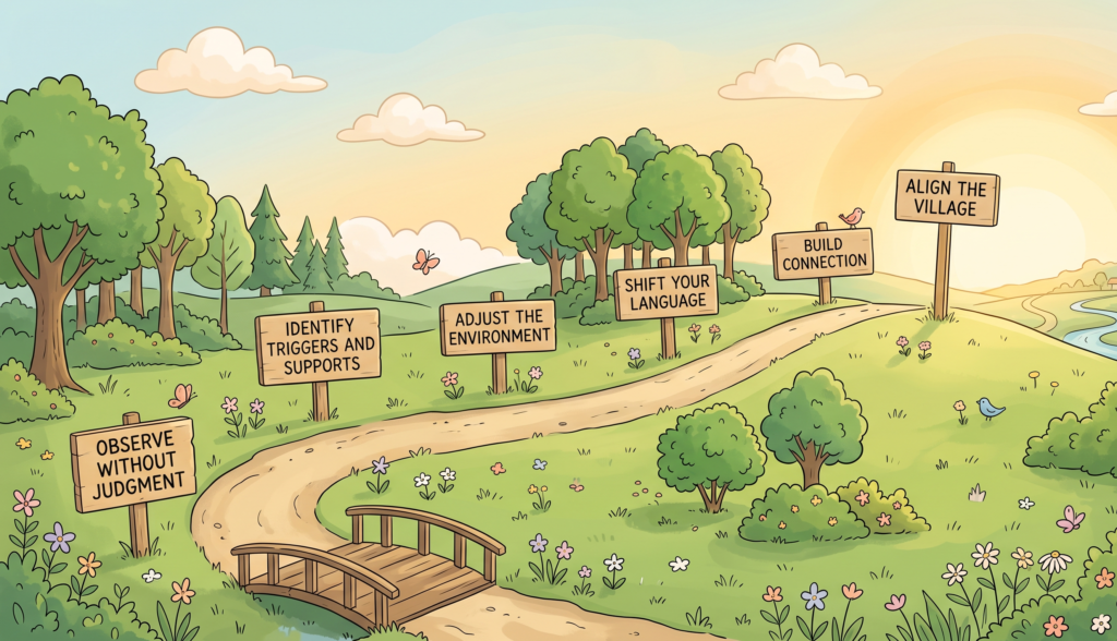A soft, colorful cartoon illustration of a winding dirt path through a lush, green landscape under a warm morning sun. The path begins at a small wooden bridge in the foreground and curves gently upward toward a bright, sunlit horizon.

Along the path are six rustic wooden signposts, each marking a step in the action plan. From the foreground to the background, the signs read:

Observe Without Judgment

Identify Triggers and Supports

Adjust the Environment

Shift Your Language

Build Connection

Align the Village (located nearest to the glowing sun)