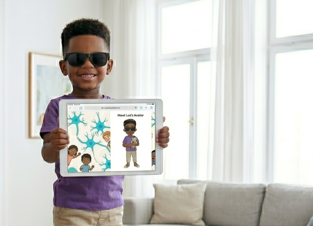 A young boy with short, dark hair stands on a large grey ottoman in a bright, modern living room, smiling at the camera. He is wearing all-black sunglasses, a purple t-shirt, and tan jogger pants. He holds up an iPad facing the viewer, which displays a webpage titled "Meet Logie's Avatar." On the iPad screen, there is a cartoon avatar of the same boy holding a small stuffed bull, set against a light background with subtle yellow and blue artistic details. The background of the room is airy, featuring a white fireplace, light wood coffee tables with toys and juice, and a grey sectional sofa.