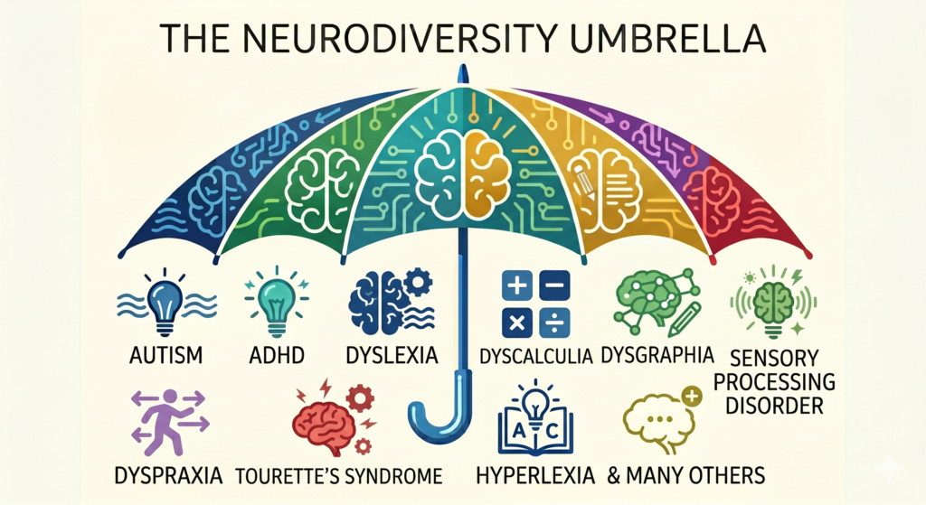 A minimalist flat illustration titled 'The Neurodiversity Umbrella.' At the top is a large, colorful umbrella with brain-patterned panels. Beneath the umbrella are icons and labels for various neurotypes, including Autism, ADHD, Dyslexia, Dysgraphia, Dyscalculia, Dyspraxia, Tourette’s Syndrome, Hyperlexia, and Sensory Processing Disorder. A final icon of a brain with a plus sign is labeled '& Many Others,' illustrating that neurodivergence is a broad and inclusive spectrum.