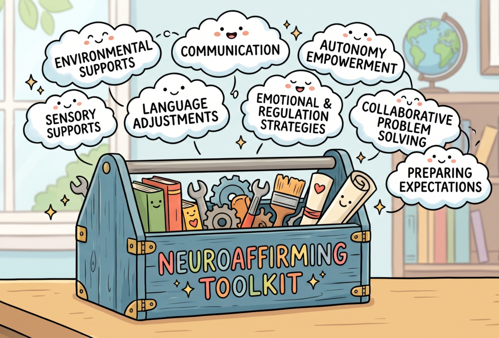 A cheerful, cartoon-style illustration of a blue wooden toolbox resting on a light brown surface. The front of the toolbox is decorated with the words "NEUROAFFIRMING TOOLKIT" in playful, multi-colored block letters, surrounded by small yellow sparkles. The toolbox is filled with friendly character-like items, including books with smiling faces, a wrench, gears, a paintbrush, and a rolled-up scroll. Eight white, fluffy cloud bubbles with tiny smiling faces float above the toolbox. Each cloud contains one of the following phrases in clear, black capital letters: Environmental Supports Sensory Supports Communication Language Adjustments Autonomy Empowerment Emotional & Regulation Strategies Collaborative Problem Solving Preparing Expectations