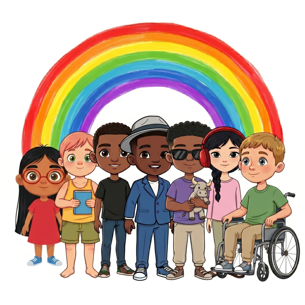An illustration of seven diverse children standing together in a row under a large, vibrant rainbow. From left to right: a girl with long dark hair, glasses, and a red dress; a child with short peach hair holding a blue book; a boy in a black t-shirt; a boy in a blue suit and fedora; a boy with sunglasses holding a small stuffed bull; a girl in a pink shirt wearing large, bright red noise-canceling headphones; and a boy with light brown hair sitting in a wheelchair. The background is plain white, emphasizing the colorful characters and the arching rainbow above them.