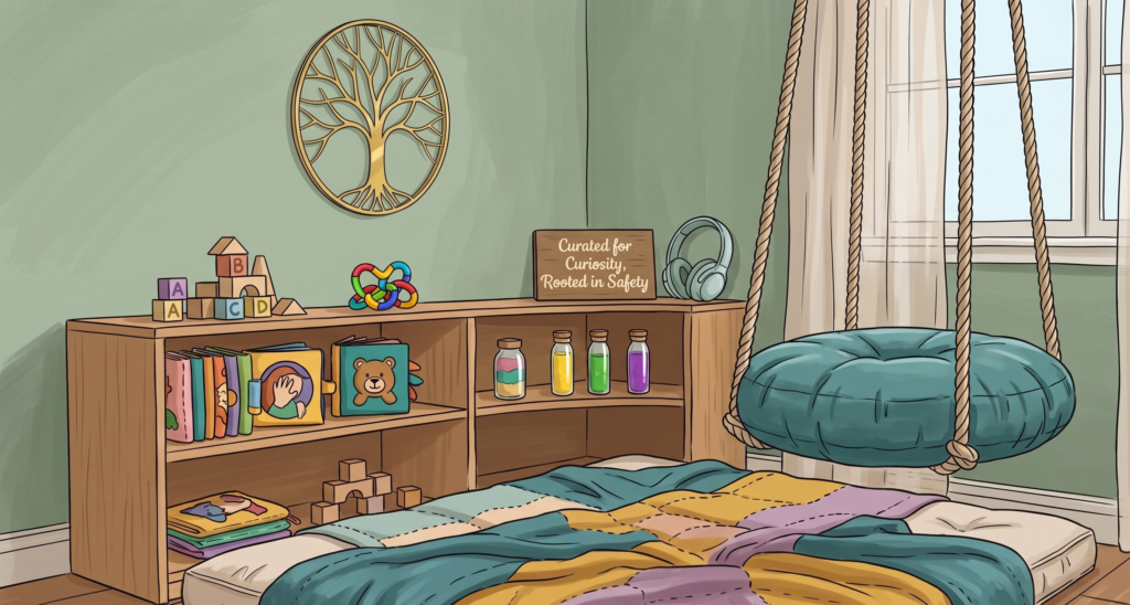 A calm, sensory-friendly corner of a room featuring a low wooden bookshelf with toys, a pair of light blue noise-canceling headphones, and a colorful fidget toy. A plush teal saucer swing hangs from the ceiling over a floor cushion with a textured, multi-colored knit blanket. On the wall, a gold "Tree of Life" decoration hangs next to a wooden sign that reads "Curated for Curiosity, Rooted in Safety."