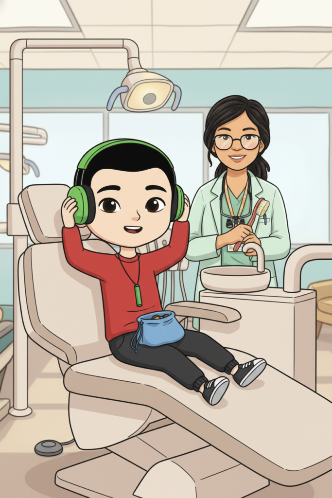 Kid putting on noise canceling headphones at a dentist office.