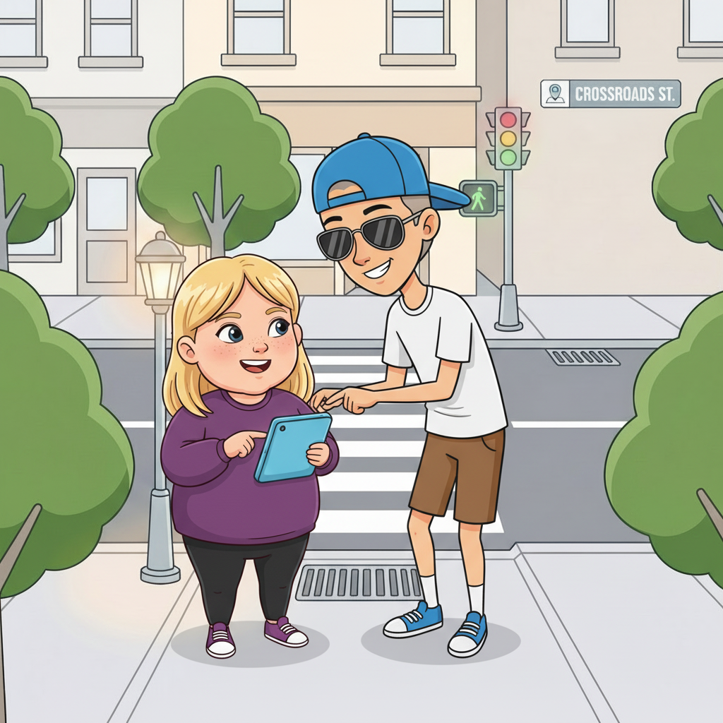 Girl using an AAC device to ask for help crossing the street.